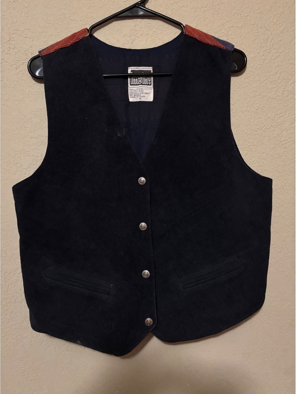 Men's Genuine Leather Vest with Colorful Woven Back, Size M
